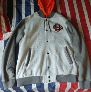 DC hooded varsity jacket